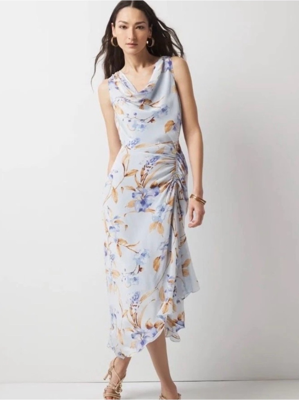 NWT White House Black Market  Light Blue Floral Cowl Neck Midi Dress Ruched, 00.